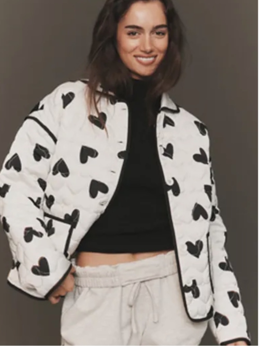 NWOT Beach Riot White Quilted Puffer Jacket with Black Heart Print
